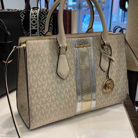Michael Kors Sheila Medium Signature Logo and Metallic Satchel Crossbody Center - Picture 2 of 16